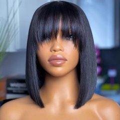 Elfin Hair Glueless Bob Wig Natural Black Hair 150% Density Bangs Bob Wig Full Machine Made No Lace Straight Hair Free Shipping