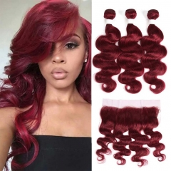 Elfin Hair 12A【3PCS+ 13*4 Lace Frontal】#99j Burgundy Color Transparnet Lace Frontal With Straight Hair Unprocessed Virgin Hair With 1PC 13*4 Lace Fron