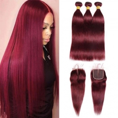 12A 【3PCS+4*4 Lace closure】#99J Color Straight/Body Wave Hair Unprocessed Virgin Hair With 1PC Lace Closure