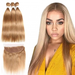 Elfin Hair 12A【3PCS+ 13*4 Lace Frontal】#27 Honey Brown Color Transparnet Lace Frontal With Straight Hair Unprocessed Virgin Hair With 1PC 13*4 Lace Fr