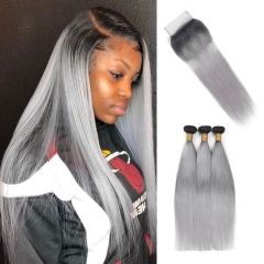 Elfin Hair 12A【3PCS+ 4*4 Lace Closure/13*4 Lace Frontal】 R1B/Grey Color Transparent Lace Closure With Hair Unprocessed Virgin Hair