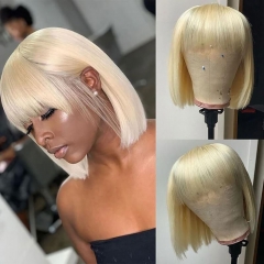 Elfin Hair New In 613 Fringe Bangs Bob Wig Full Machine Made Wig Blonde Color 150% Density No Lace Glueless Bob Wig Human Hair