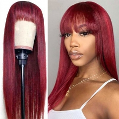 Elfin Hair 10-30inch Longer Fringe Bangs Wig 99j Human Straight Wig Full Machine-made No Lace Wig 250% Density Glueless Wig Human Hair