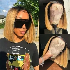 Elfin Hair 1b/27 Ombre Color 13*4 Transparent Lace Frontal Bob Wig 180% Density 8-14inch Straight Human Virgin Hair