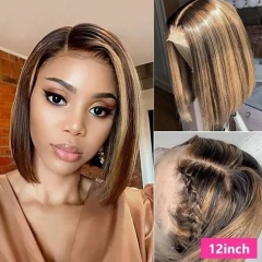 [Big Lace Area] Elfin Hair Highlight Bob Wig P4/27 13*4 Transparent Lace Frontal Bob Wig 200% Density Straight Human Virgin Hair