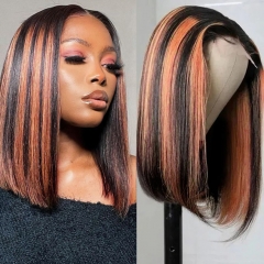 [Big Lace Area] Elfin Hair P1B/350 Ombre Orange 13*4 Transparent Lace Frontal Bob Wig 200% Density Straight Human Virgin Hair