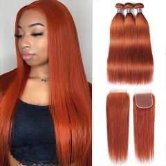 12A 【3PCS+4*4 Lace closure】Ginger Orange Color Straight Hair Unprocessed Virgin Hair With 1PC Lace Closure