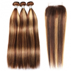 12A 【3PCS+4*4 Lace closure】P4/27 Highlight Color Straight Hair Unprocessed Virgin Hair With 1PC Lace Closure