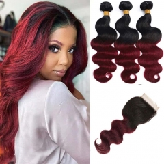 12A 【3PCS+ ombre closure 】Brazilian Straight/Body wave 1b-27/1b-99j/1b-30 Silky Hair Unprocessed Virgin Hair With 1PC Ombre Lace Closure
