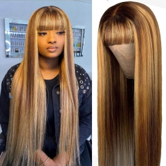 Elfin Hair 10-30inch Longer Fringe Bangs Wig P4/27 Highlight Human Straight Wig Full Machine-made No Lace Wig 250% Density Glueless Wig Human Hair