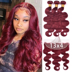 Elfin Hair 12A 99J Hair【3PCS+ 13*4 Lace Frontal】Human Hair Bundles Unprocessed Virgin Hair With 1PC 13*4 Lace Frontal