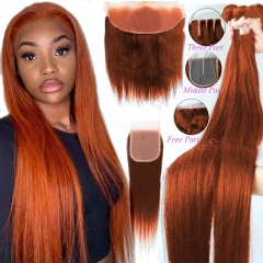 Elfin Hair 12A Ginger Orange Hair【3PCS+ 13*4 Lace Frontal】Straight Human Hair Bundles Unprocessed Virgin Hair With 1PC 13*4 Lace Frontal