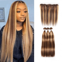 Elfin Hair 12A Highlight P4/27 Hair【3PCS+ 13*4 Lace Frontal】Human Hair Bundles Unprocessed Virgin Hair With 1PC 13*4 Lace Frontal