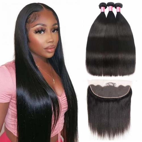 Elfin Hair 12A【3PCS+ 13*4 Lace Frontal】HD/Transparnet Lace Frontal With Straight Hair Unprocessed Virgin Hair With 1PC 13*4 Lace Frontal