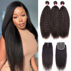 12A【3PCS+HD Lace Closure】Brazilian Kinky Straight Unprocessed Virgin Hair With 1PC Lace Closure