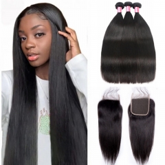 Elfin Hair 12A 【3PCS+ 4*4 Lace Closure】Straight Hair Unprocessed Virgin Hair With 1PC Brown/Transparent/HD Lace 4*4 Closure Free Shipping