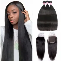 Elfin Hair 12A 【3PCS+ 4*4 Lace Closure】Straight Hair Unprocessed Virgin Hair With 1PC Brown/Transparent/HD Lace 4*4 Closure