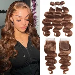 Elfin Hair 12A #4 Brown Color【3PCS+ 4*4 Lace Closure】Body Wave Hair Unprocessed Virgin Hair With 1PC Transparent Lace 4*4 Closure Free Shipping