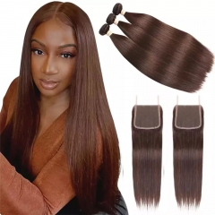 Elfin Hair 12A #4 Brown Color【3PCS+ 4*4 Lace Closure】Straight Hair Unprocessed Virgin Hair With 1PC Transparent Lace 4*4 Closure Free Shipping