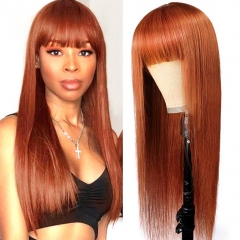 Elfin Hair Longer Fringe Bangs Wig Ginger Orange Human Straight Wig Full Machine-made No Lace Wig 250% Density Glueless Wig Human Hair
