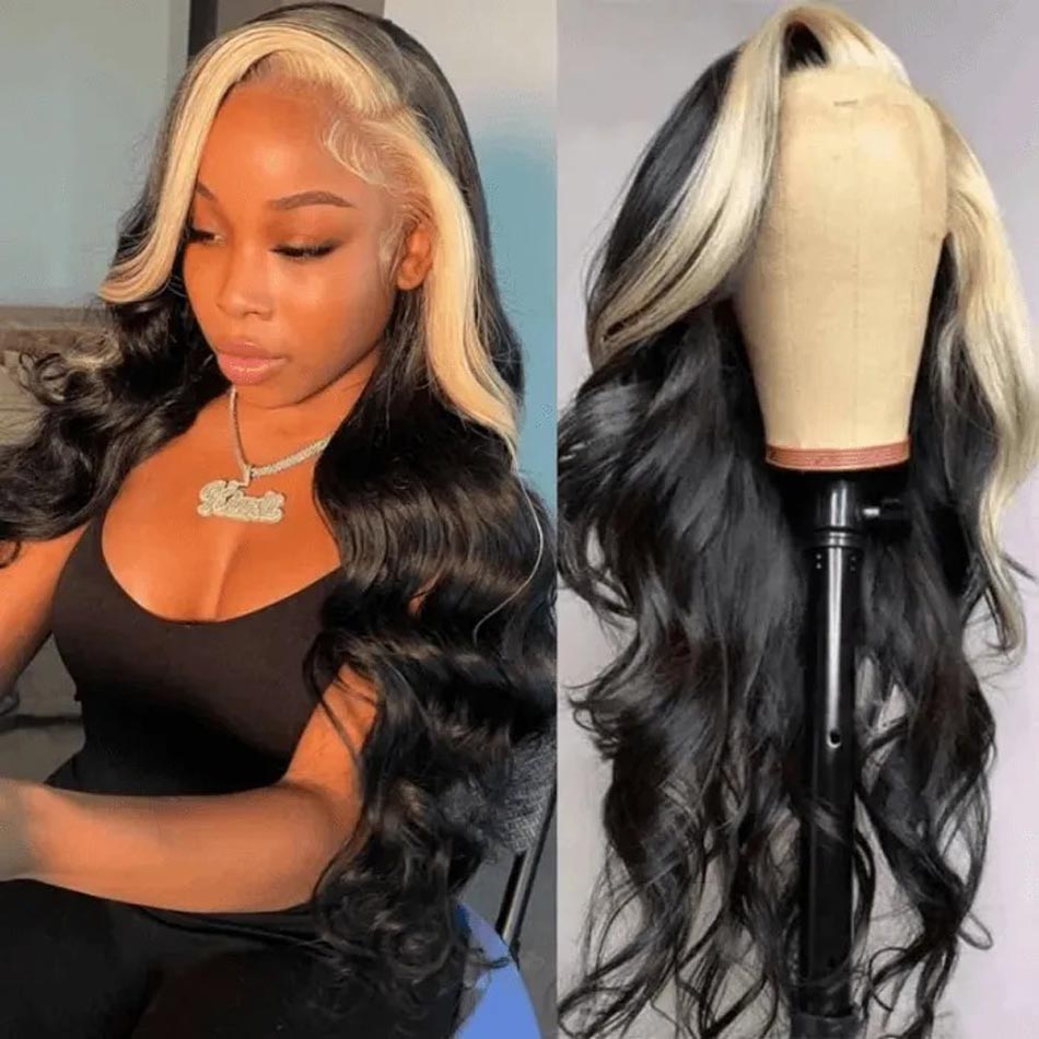 New In】Blonde Highlights 13*4 Transparent Lace Frontal Closure Wig Skunk  Stripe Hair Wigs 250% Density Silky Soft Human Hair