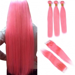 Elfin Hair 12A Pink Hair【3PCS+4*4 Lace closure】Straight Hair Unprocessed Virgin Hair With 1PC Lace Closure Free Shipping