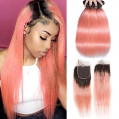Elfin Hair 12A 1b/Pink Hair【3PCS+4*4 Lace closure】Straight Hair Unprocessed Virgin Hair With 1PC Lace Closure