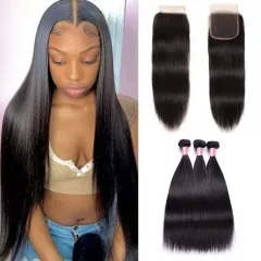 12A 【3PCS+4*4 Lace closure】Peruvian Straight Hair Unprocessed Virgin Hair With 1PC Lace Closure