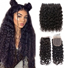 12A【3PCS+HD Lace Closure】Brazilian Water Wave Unprocessed Virgin Hair With 1PC Lace Closure