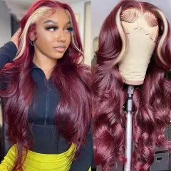 【New In】13A Burgundy With Blonde Highlights 13*4 Transparent Lace Frontal Closure Wig Skunk Stripe Hair Wigs 200% Density Silky Soft Human Hair