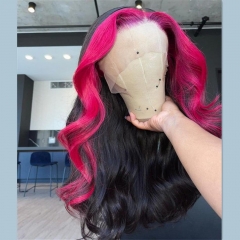 【New In】Pink Skunk Stripes 13*4 Transparent/HD Lace Frontal Closure Wig Pink Pre-colored Hair 250% Density Silky Soft Human Hair Wig