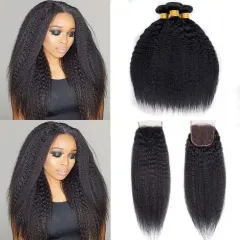 12A 【3PCS+4*4 Lace Closure】 Peruvian Kinky Straight Unprocessed Virgin Hair With 1PC Lace Closure