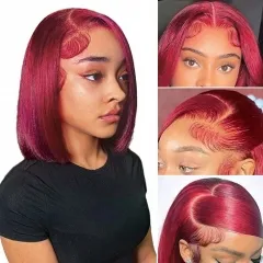 [Big Lace Area] Elfin Hair Burgundy Color #99j 13*4 Lace Frontal Bob Wig 200% Density Transparent Lace Wig