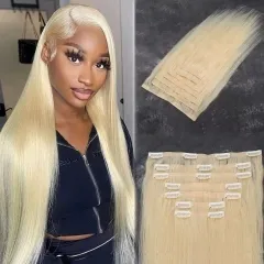 Seamless Straight 613 Blonde PU Clip In Extensions Set Of 6Pcs/12Pcs 16-24 Inch Full Head PU Colored Weft Extensions High Quality Human Hair