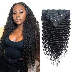 Deep Wave Clip-In Human Hair Extensions Set of 5pcs/8pcs/10pcs Natural Black Full Head High-Quality Hair For Black Women