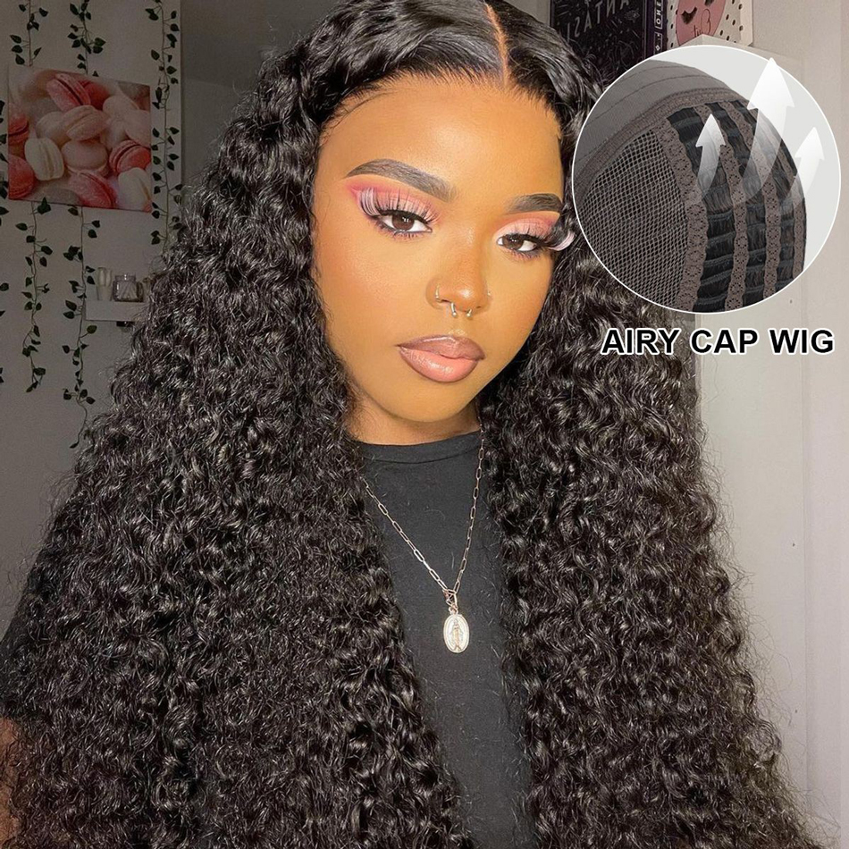 Airy cap curly glueless wig