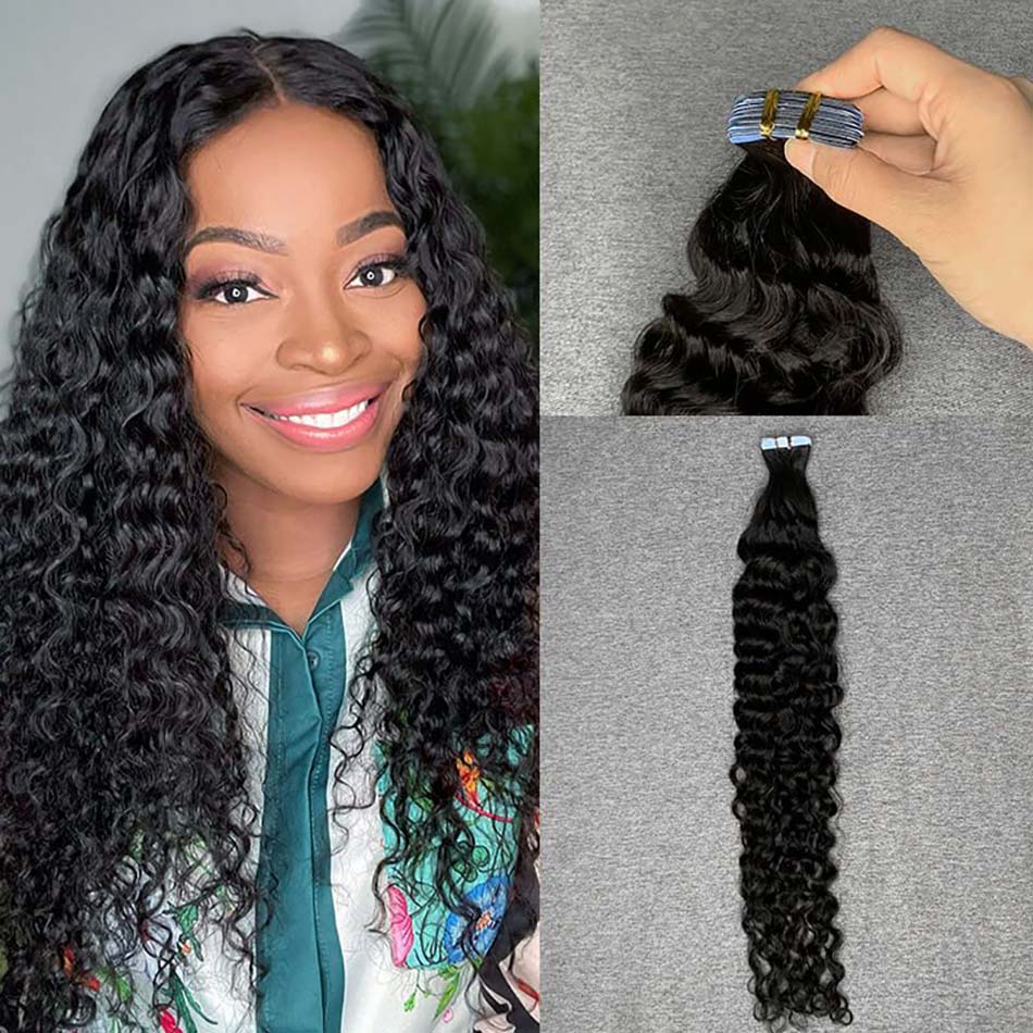 Elfin Hair New Arrival Tape In Extensions Water Wave For Black Women  Microlink Microloop Hair Extensions 20pcs/40pcs/80pcs/120pcs 12-30inch