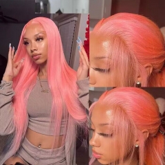 Elfin Hair 13A Pink Color 13*4 Transparent Lace Straight/Body Wave Lace Frontal Wig 180% Density Human Hair Wig Customize 5 Days
