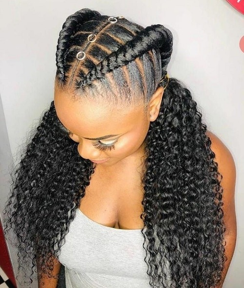 two feed-in braids with curly pigtails