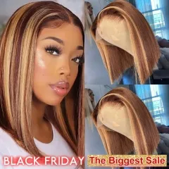 Elfin Hair 13*4 Lace Frontal Bob Wig P4/27 Highlight Color Straight Transparent Lace 180% Density 10-14inch Honey Brown Summer Hair Bob Wig