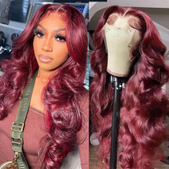 【New In】13A Burgundy Color #99j 4*4/13*4 Transparent Lace Frontal Closure Wig 200% Density 18-30inch Silky Soft Best Human Hair