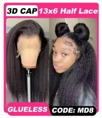 【3D HALF LACE】13x6 GLUELESS Half Lace Kinky Straight Frontal Wig 250% Density Full-Max Invisible Knots Pre-Plucked Hairline Lace Wig