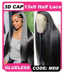 【3D HALF LACE】13x6 GLUELESS Half Lace Straight Frontal Wig 250% Density Full-Max Invisible Knots Pre-Plucked Hairline Lace Wig