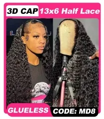 【3D HALF LACE】13x6 GLUELESS Half Lace Deep Wave Frontal Wig 250% Density Full-Max Invisible Knots Pre-Plucked Lace Wig
