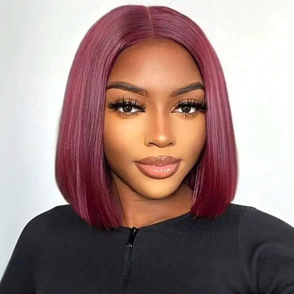 straight line cut burgundy bob