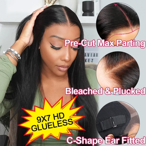 【C-Shape Ear Design】GLUELESS 9x7 HD Lace Wig Pre-Cut Closure Wig Wear Go Invisible Knots