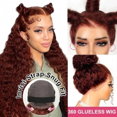 【Invisible Strap Snug Fit】Reddish Brown 360 GLUELESS HD Lace Water Wave Frontal Wig Pre Bleached Pre Plucked