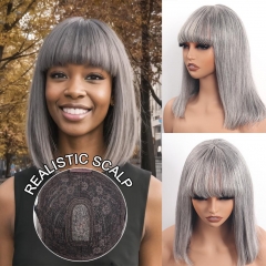 【Salt & Pepper Gray】Wear Go Glueless Straight Bob Wig with Bangs Realistic Scalp