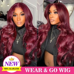 99J Burgundy Wear Go GLUELESS 9x7 Pre-cut HD Lace Closure Wig Preplucked Hairline & PreBleached Knots