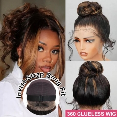 【Invisible Drawstring】Brown Highlights 360 GLUELESS HD Lace Frontal Wig Pre Bleached PrePlucked Natural Hairline